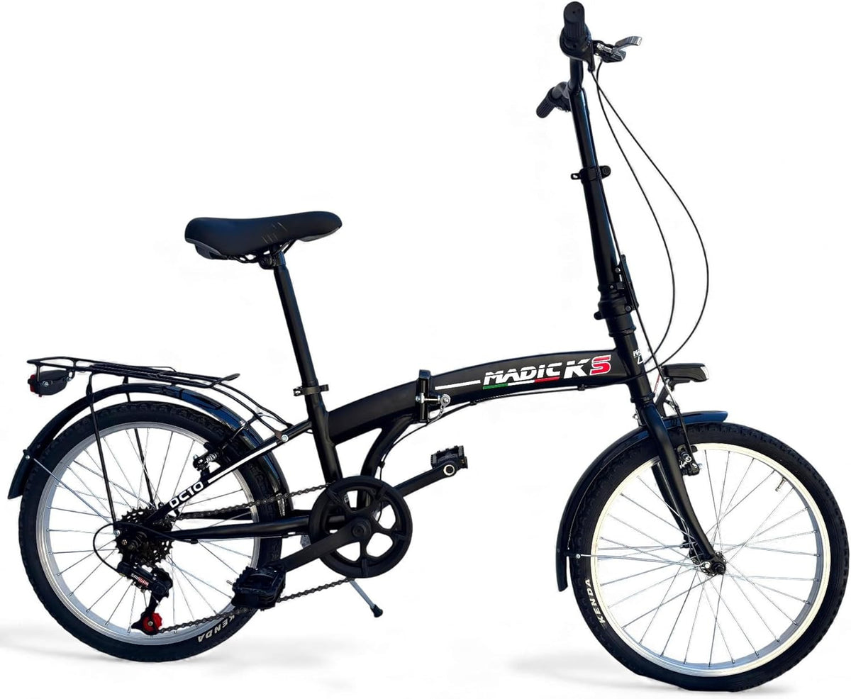 Bicicletta pieghevole 20 pollici nera - city bike unisex a 6 velocità - freni V Brake - con luci parafanghi portapacchi e cavalletto