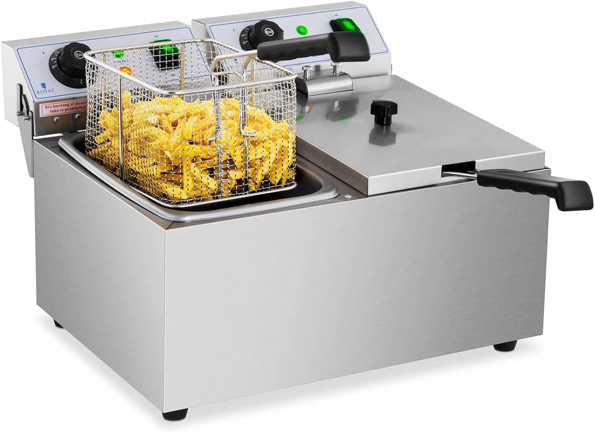 Royal Catering RCEF 08DB - Friggitrice elettrica doppia 2 x 8 L - Potenza totale 6400 W - Temperatura 50 a 200 C con zona fredda e coperchio
