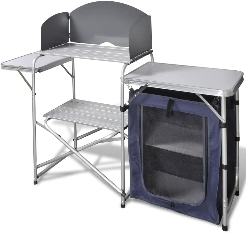 Unità cucina pieghevole da campeggio - piano rettangolare in legno ingegnerizzato - parabrezza e struttura in alluminio - per campeggio escursionismo e outdoor