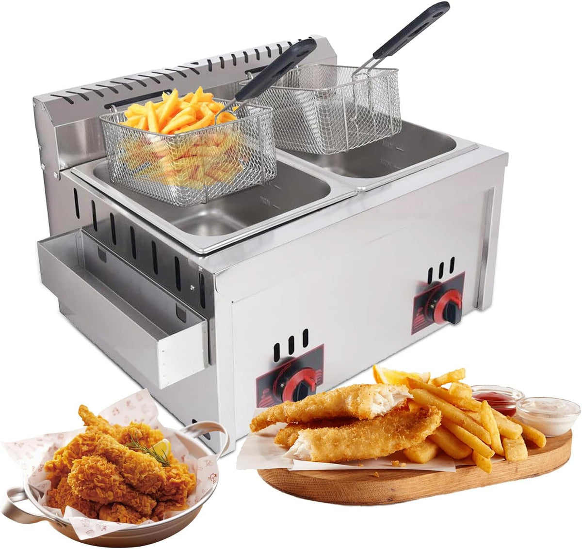 IEDZBEQ Friggitrice a gas professionale - Capacità 20 L con doppia configurazione - Struttura in acciaio inox argento - Per uso domestico e commerciale