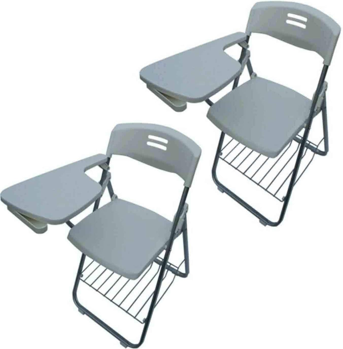 Set di 2 sedie pieghevoli grigie in plastica - tavoletta per scrivere integrata - struttura robusta in acciaio - per formazione conferenze lavoro e apprendimento