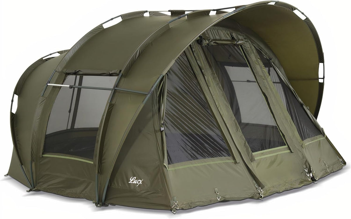 Tenda da pesca Lucx Leopard Bivvy verde oliva per 3 persone - impermeabilità 10000 mm con cuciture sigillate - struttura da 15 kg - con pavimento finestre e picchetti