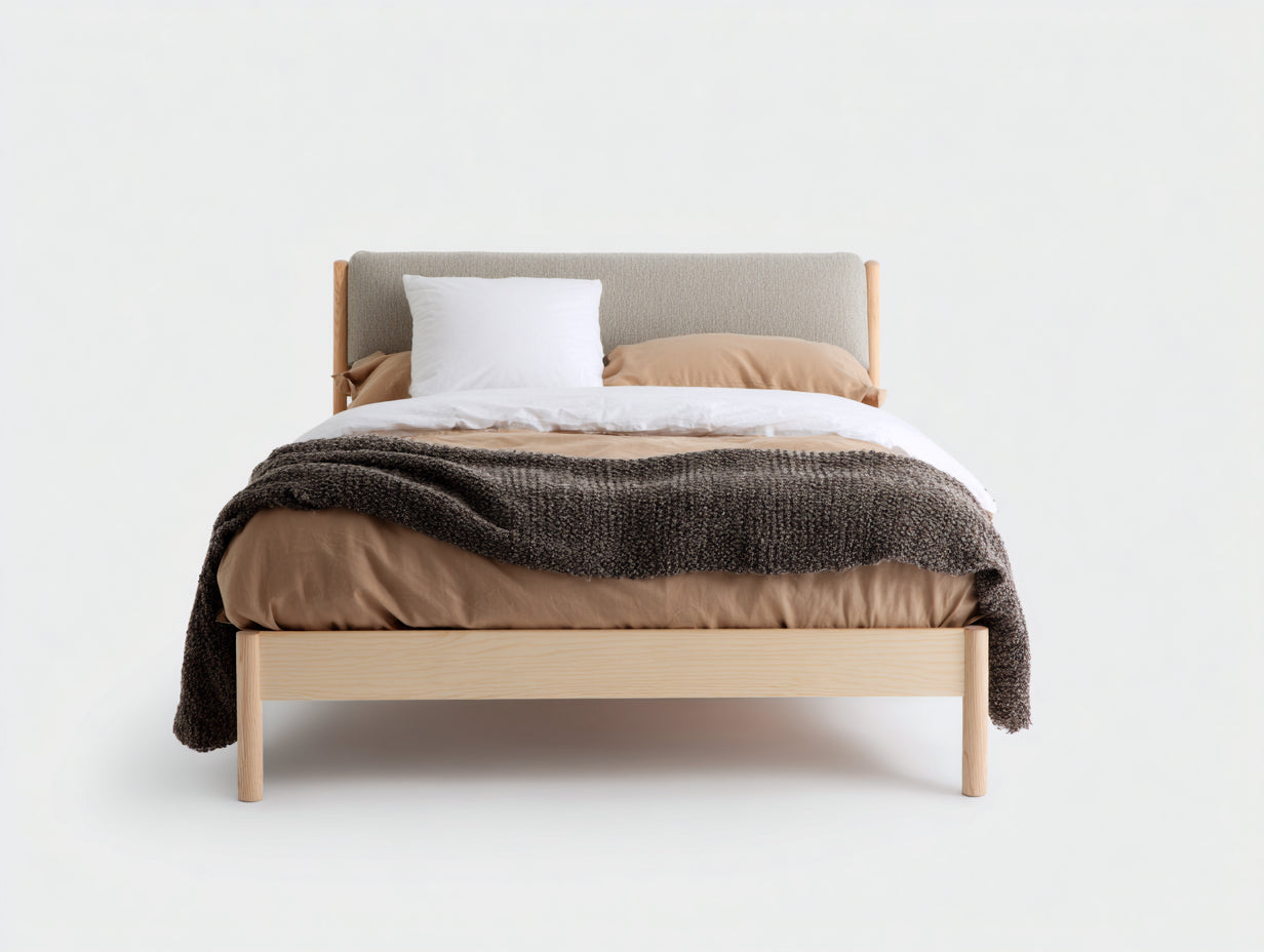 Letto matrimoniale-Legno-Tessuto-211x184x108 cm-Rovere chiaro-Grigio beige-Nordico