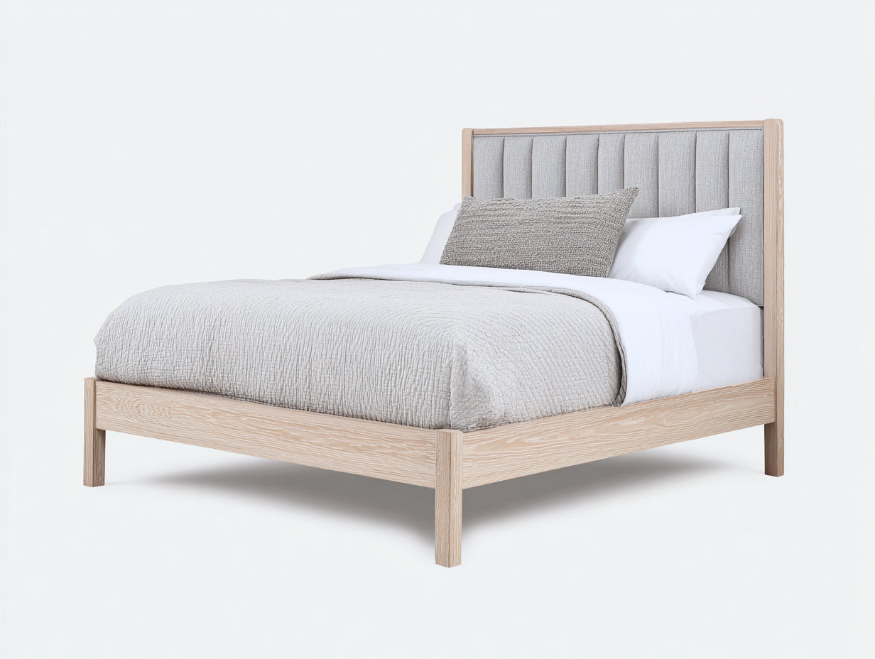 Letto matrimoniale-Legno-Tessuto-212x186x124 cm-Rovere chiaro-Grigio chiaro-Contemporaneo