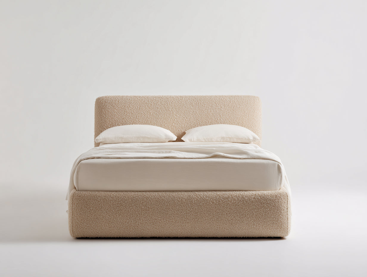 Letto matrimoniale-Tessuto-218x196x112 cm-Crema bouclé-Minimalista contemporaneo